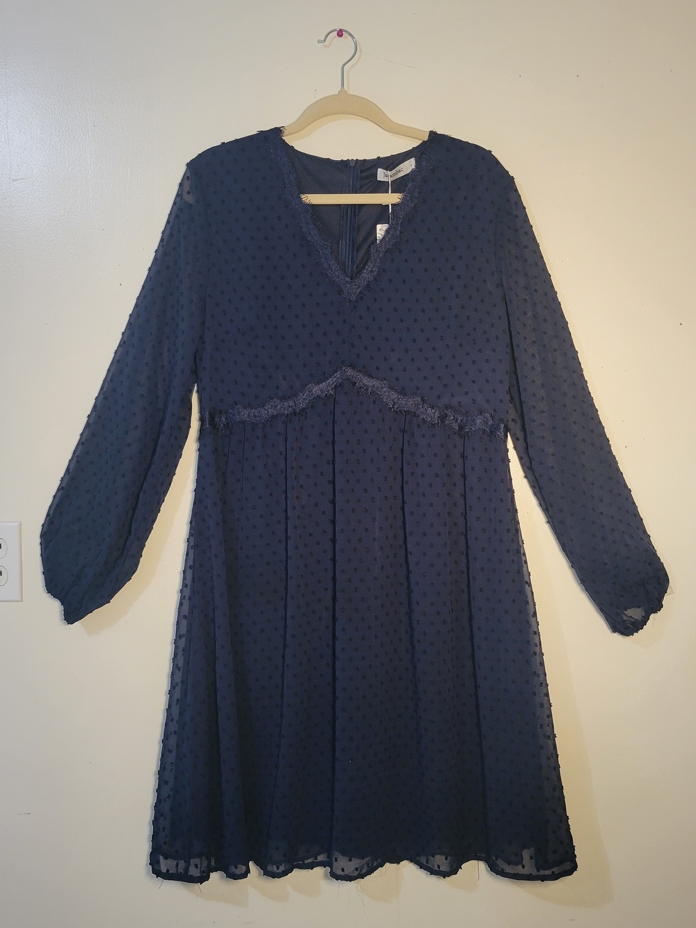 Jasambac Women's L Navy Swiss Dot V-neck Long sleeves Mini Babydoll Dress